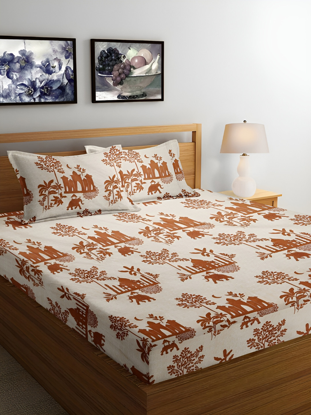 

Arrabi Cream-Coloured & Brown Floral 300 TC King Bedsheet with 2 Pillow Covers