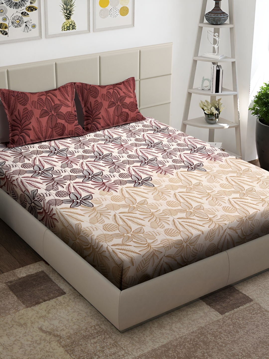 

Arrabi Cream-Coloured & Black Floral 300 TC King Bedsheet with 2 Pillow Covers