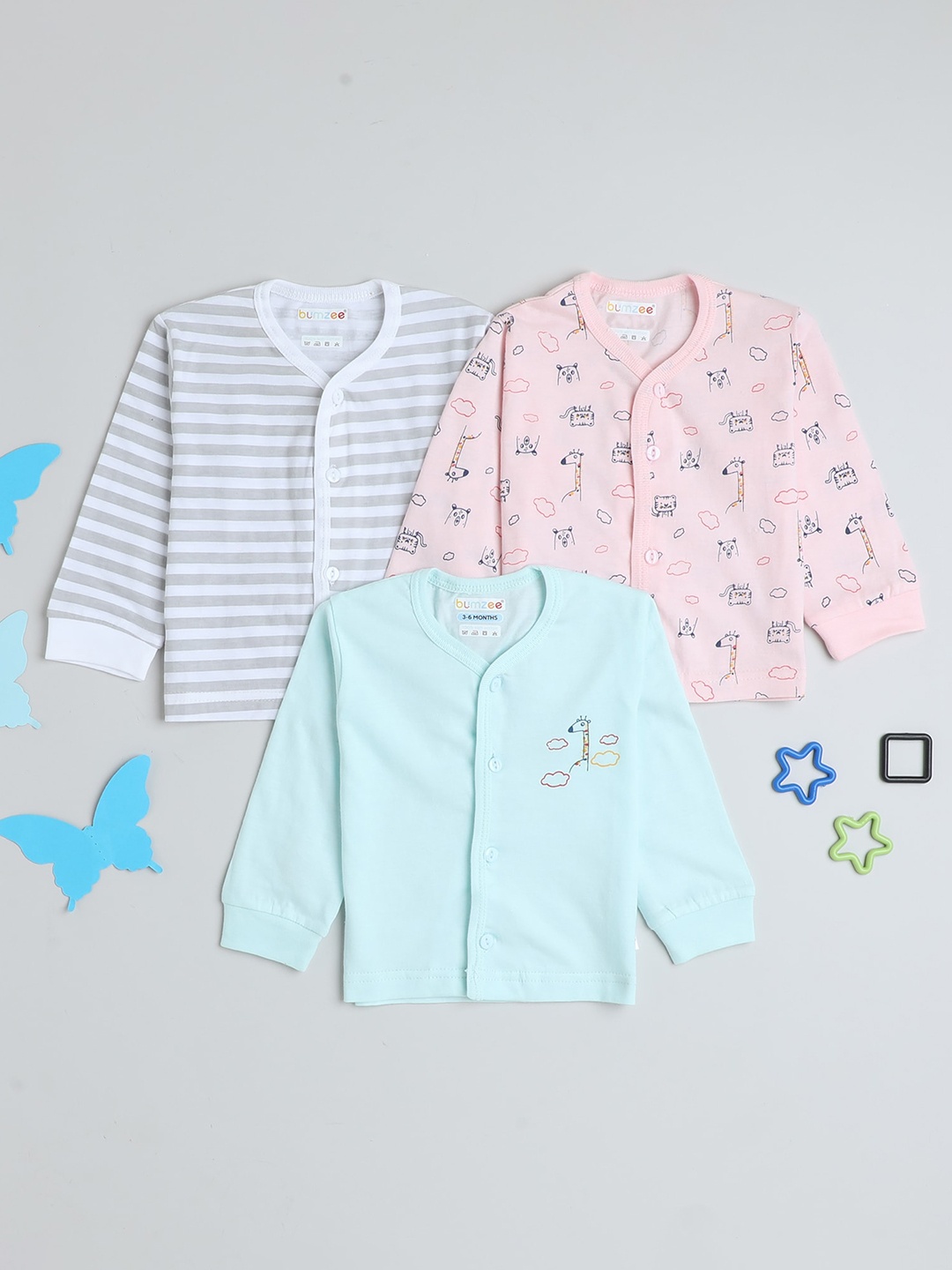 

BUMZEE Infant Boys Pack Of 3 Printed V-Neck Skin-Friendly Pure Cotton Jablas, Blue