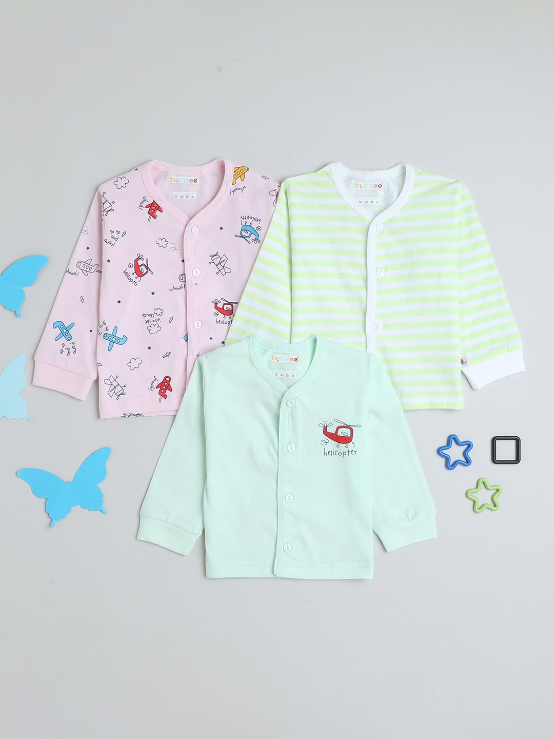 

BUMZEE Infant Boys Pack Of 3 Striped V-Neck Skin-Friendly Pure Cotton Jablas, Lime green