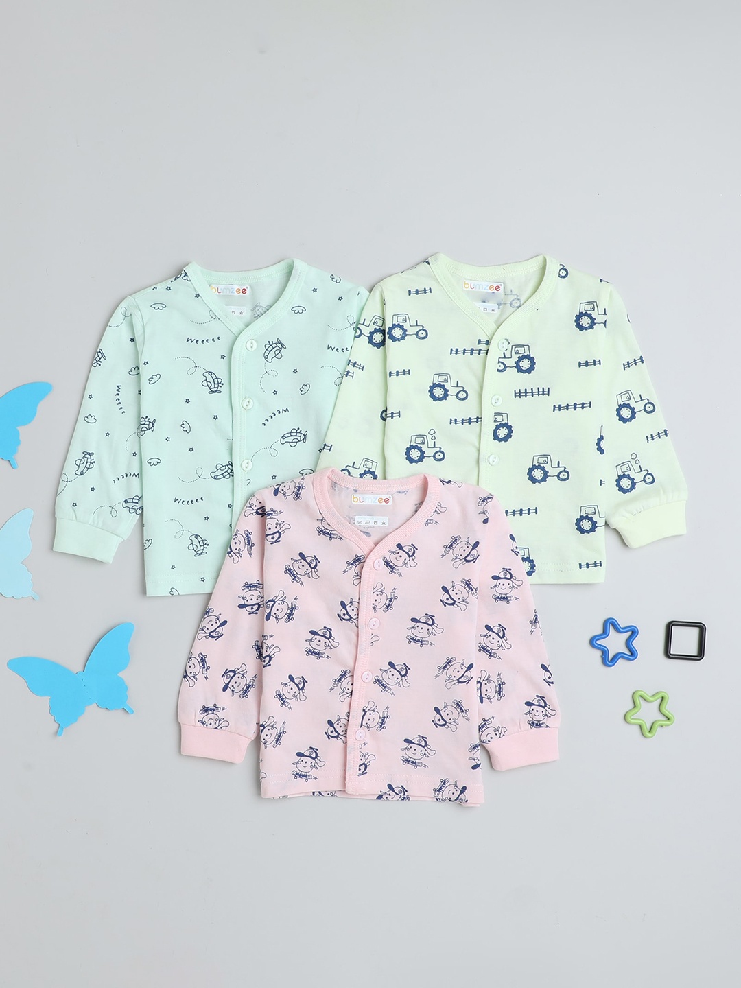 

BUMZEE Infant Boys Pack Of 3 Printed V-Neck Skin-Friendly Cotton Jablas, Green