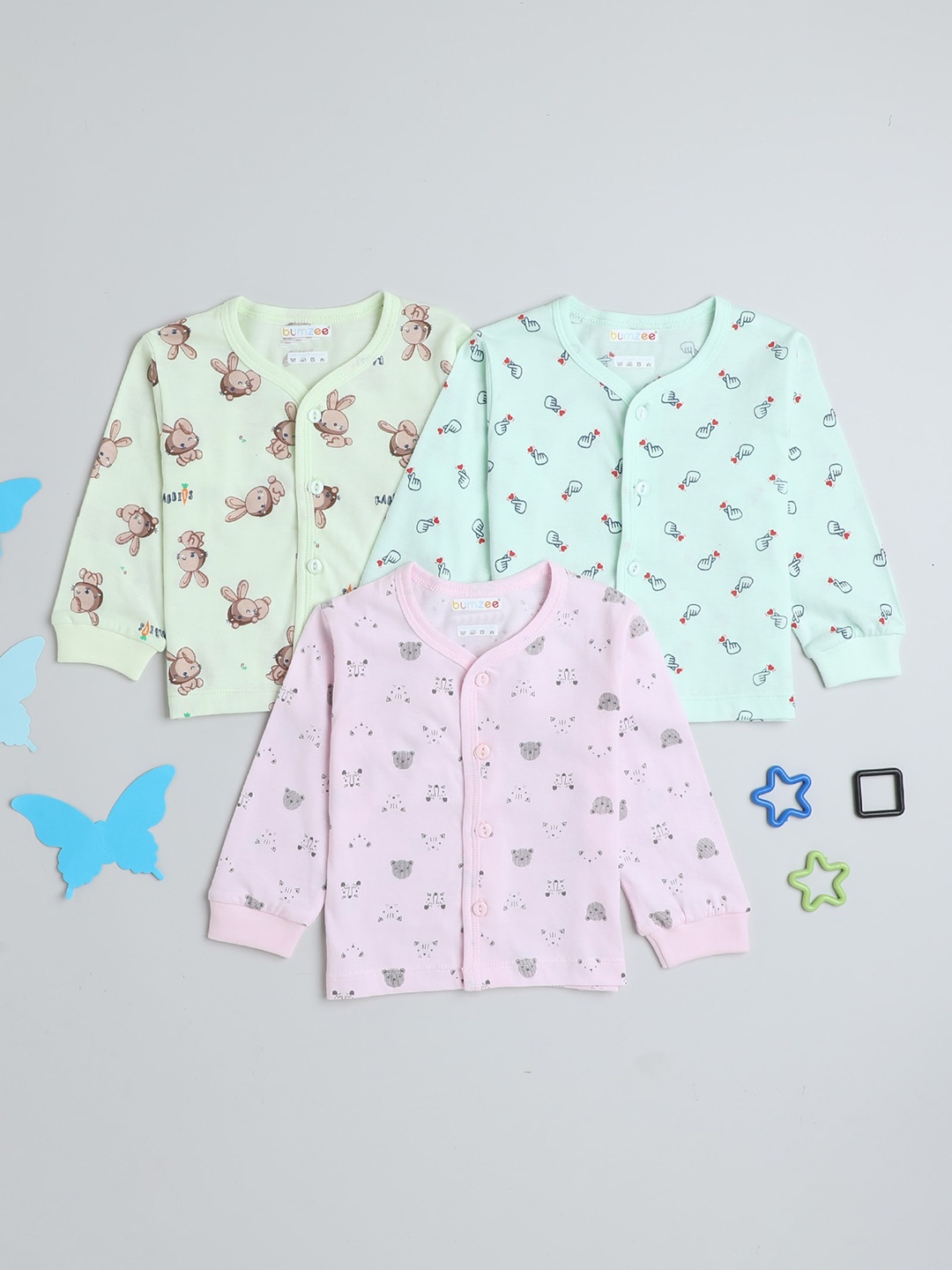 

BUMZEE Infant Girls Pack Of 3 Printed V-Neck Skin-Friendly Pure Cotton Jablas, Green