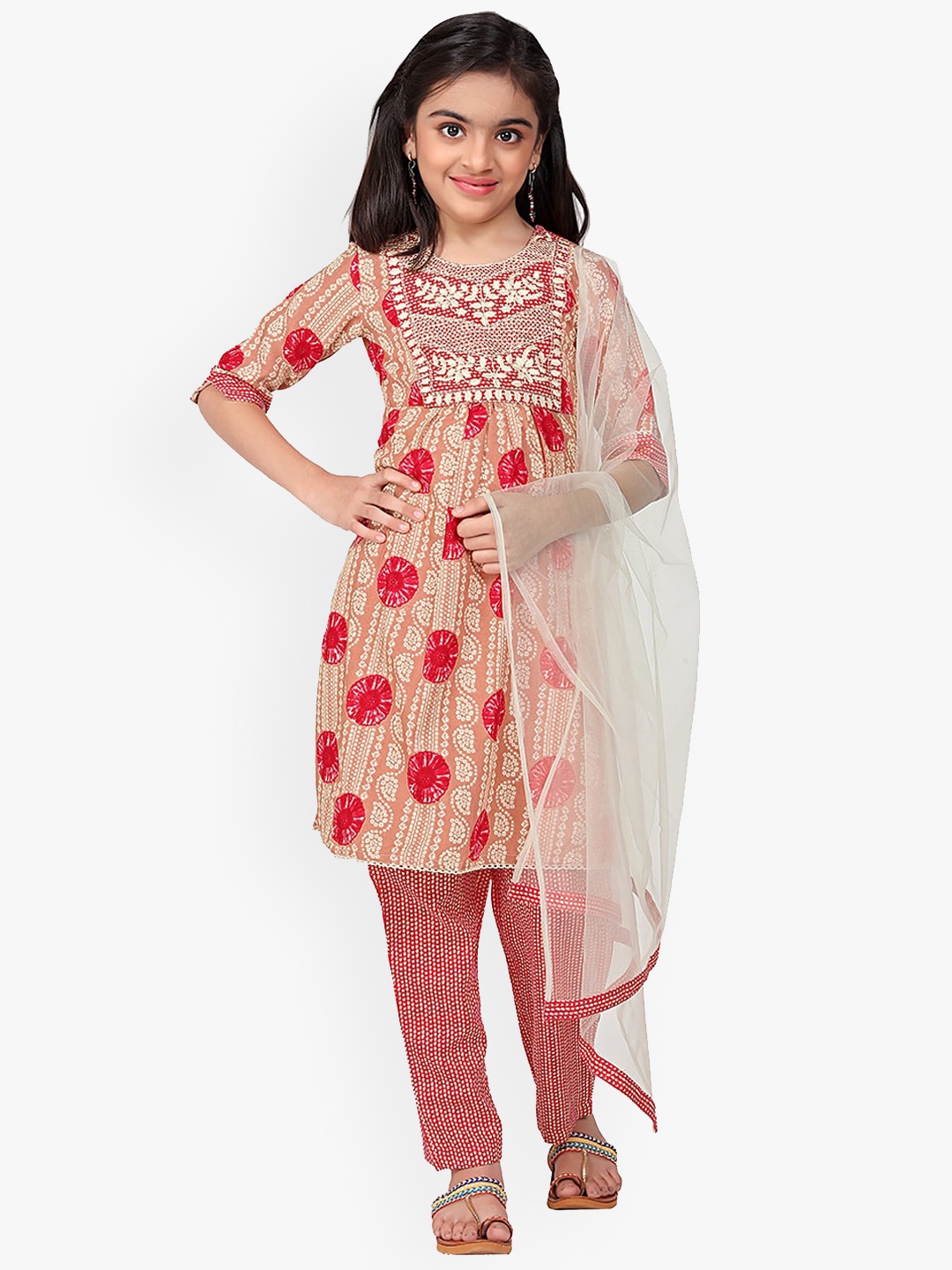 

BAESD Girls Floral Printed Empire Kurta With Trousers & Dupatta, Pink