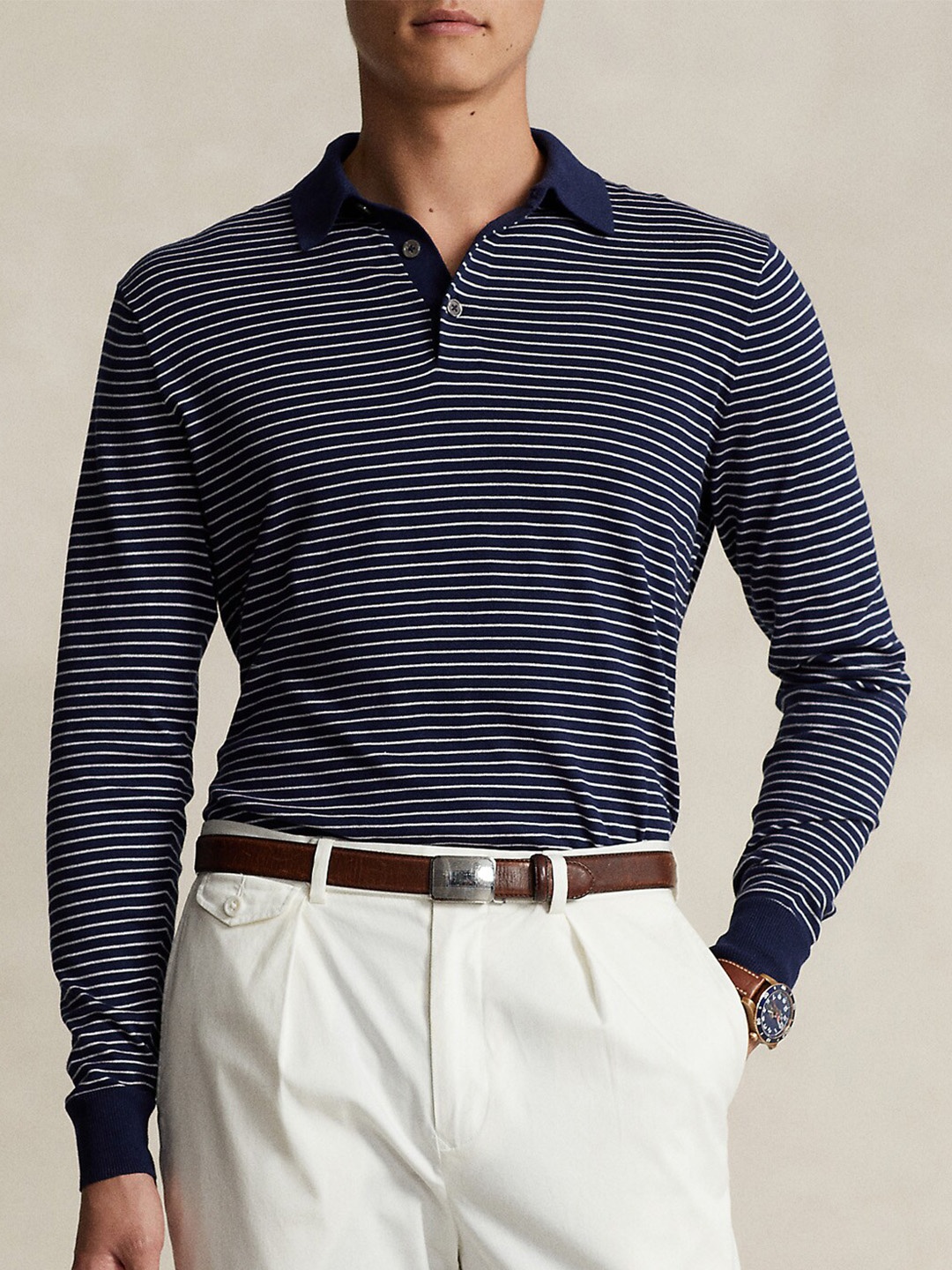 

Polo Ralph Lauren Striped Polo Collar Pure Cotton Pullover Sweater, Navy blue