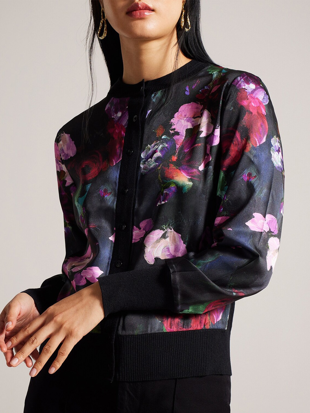

Ted Baker Floral Printed Round Neck Long Sleeves Cotton Front Cardigan, Black
