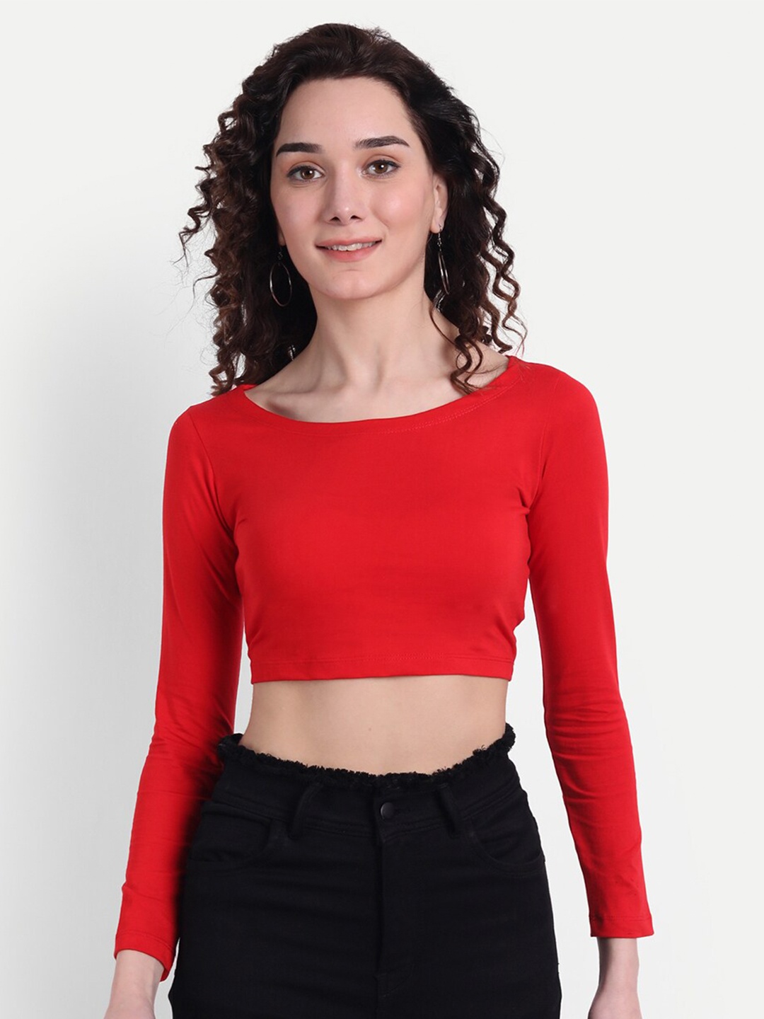 COLOR CAPITAL Scoop Neck Fitted Crop Top, Red
