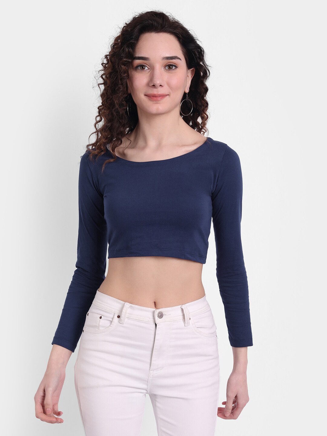 COLOR CAPITAL Round Neck Long Sleeves Scoop Top, Navy blue