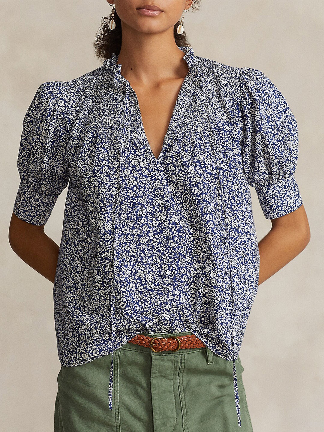 

Polo Ralph Lauren Floral Printed Tie Up Neck Puff Sleeve Cotton Top, Blue