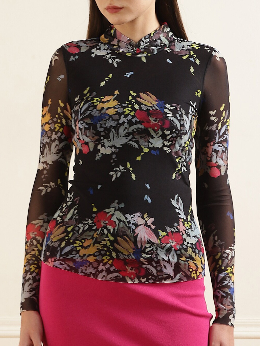 

Ted Baker Floral Print Mandarin Collar Top, Black