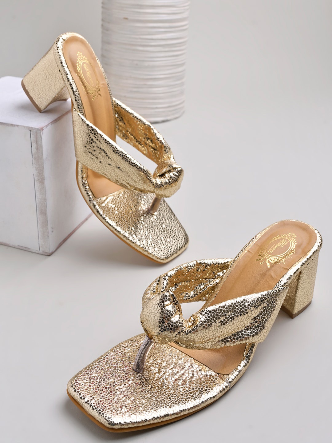 

Shoetopia Textured Open Toe Block Heels, Gold