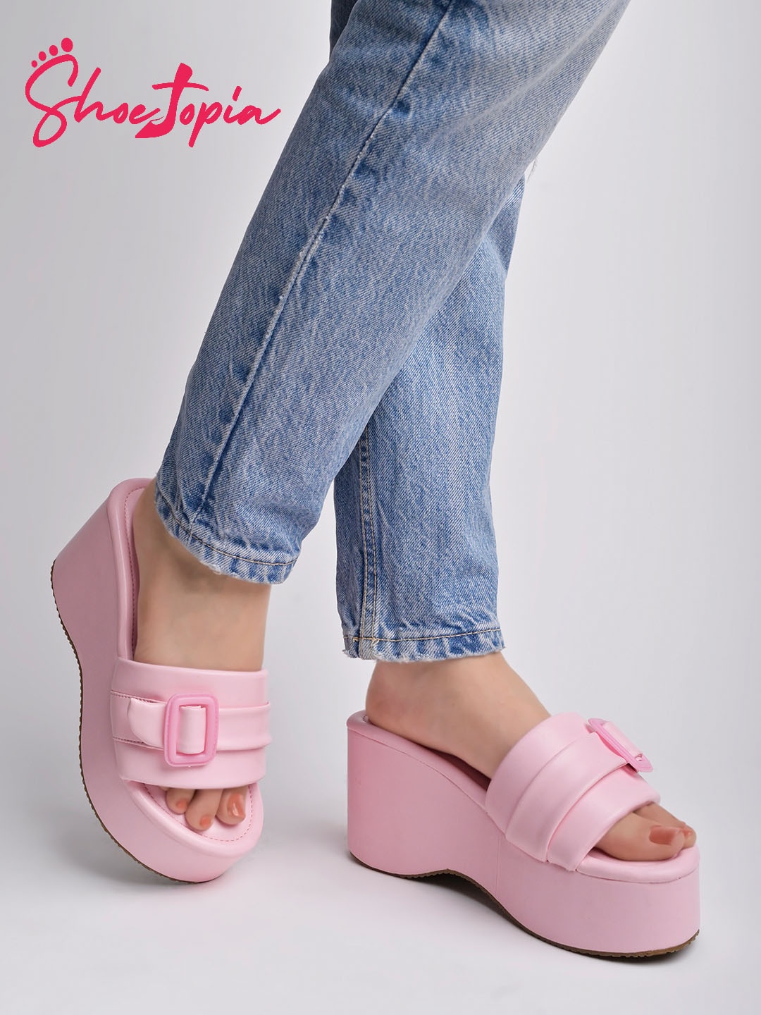 

Shoetopia Open Toe Buckle Detail Flatform Heels, Pink