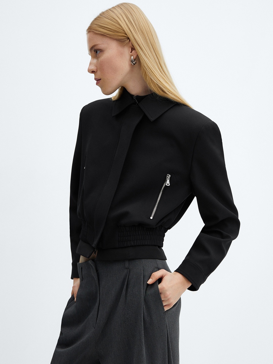 

MANGO Cropped Bomber Jacket, Black