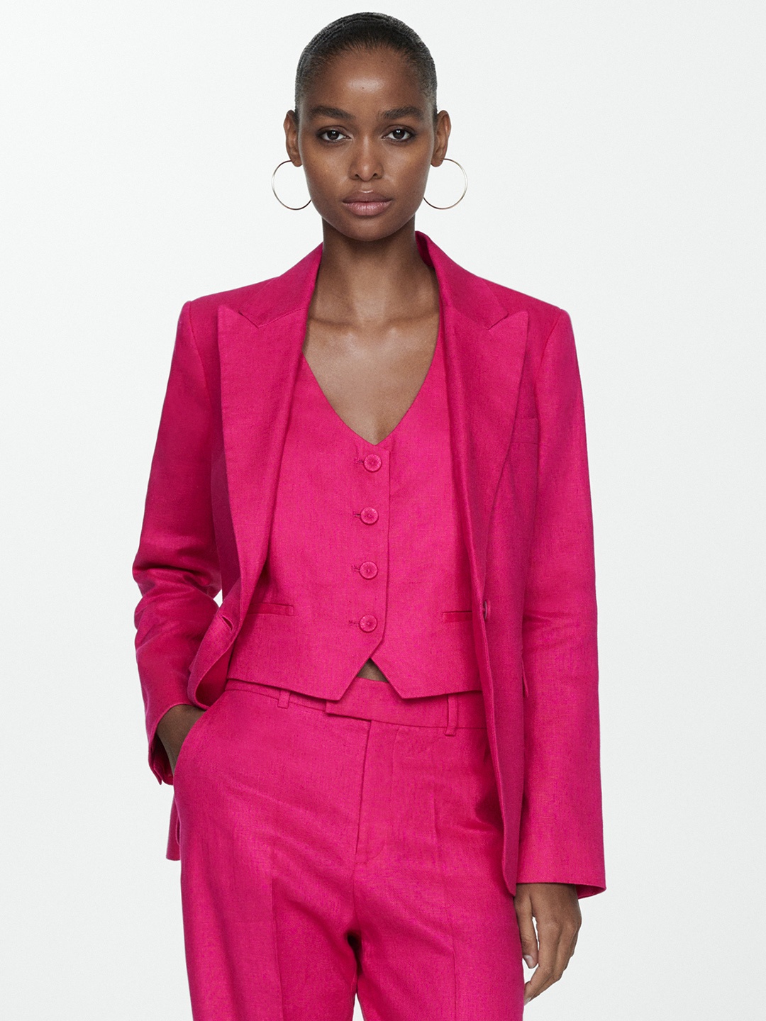 

MANGO Smart Casual Linen Notched Lapel Single-Breasted Blazer, Pink