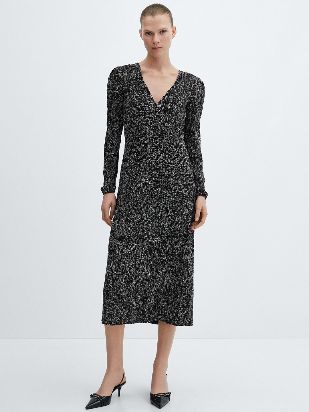 

MANGO Printed A-Line Midi Dress, Black
