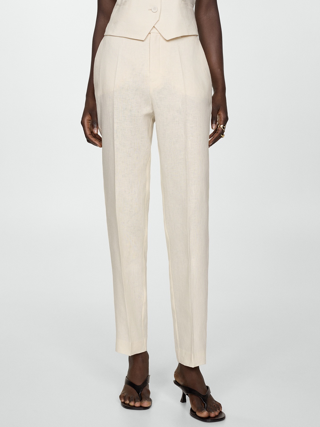 

MANGO Women Pure Linen Straight Fit High-Rise Trousers, Off white