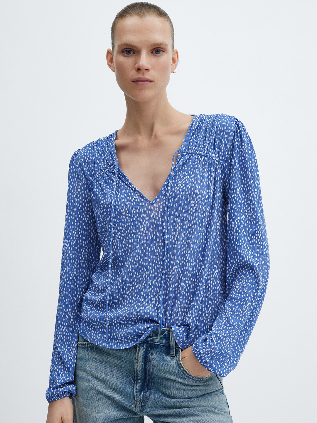 

MANGO Printed Tie-Up Neck Top, Blue