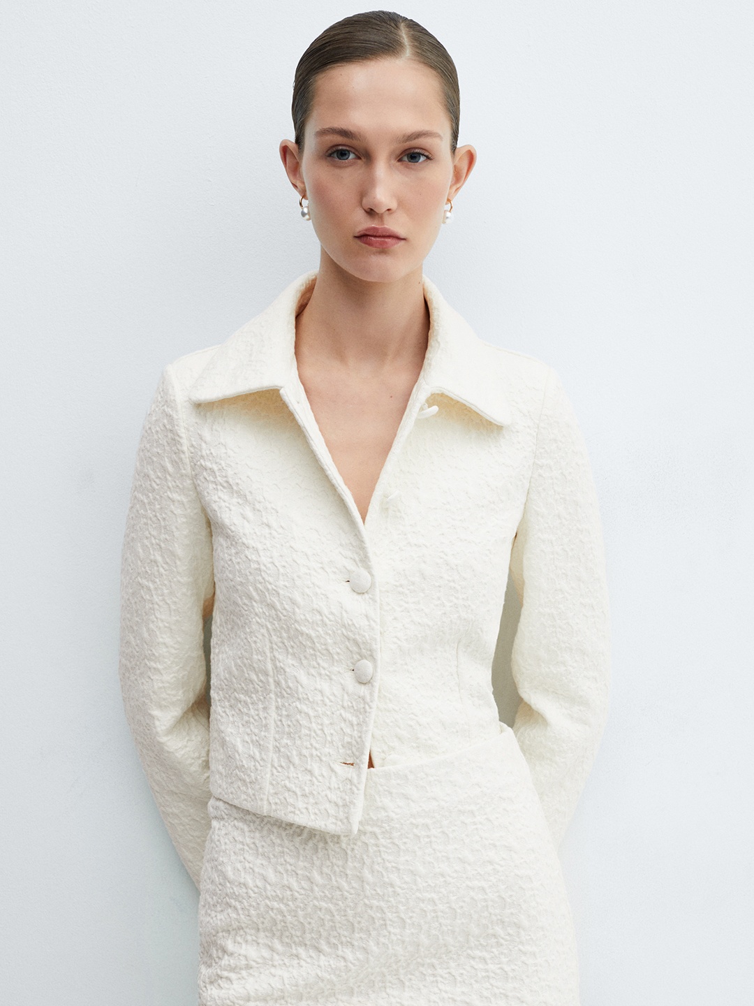 

MANGO Textured Cropped Tailored Jacket, Cream