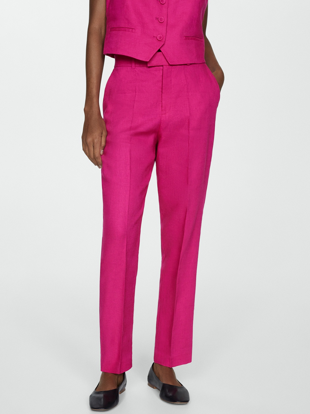 

MANGO Women Pure Linen Straight Fit High-Rise Trousers, Pink