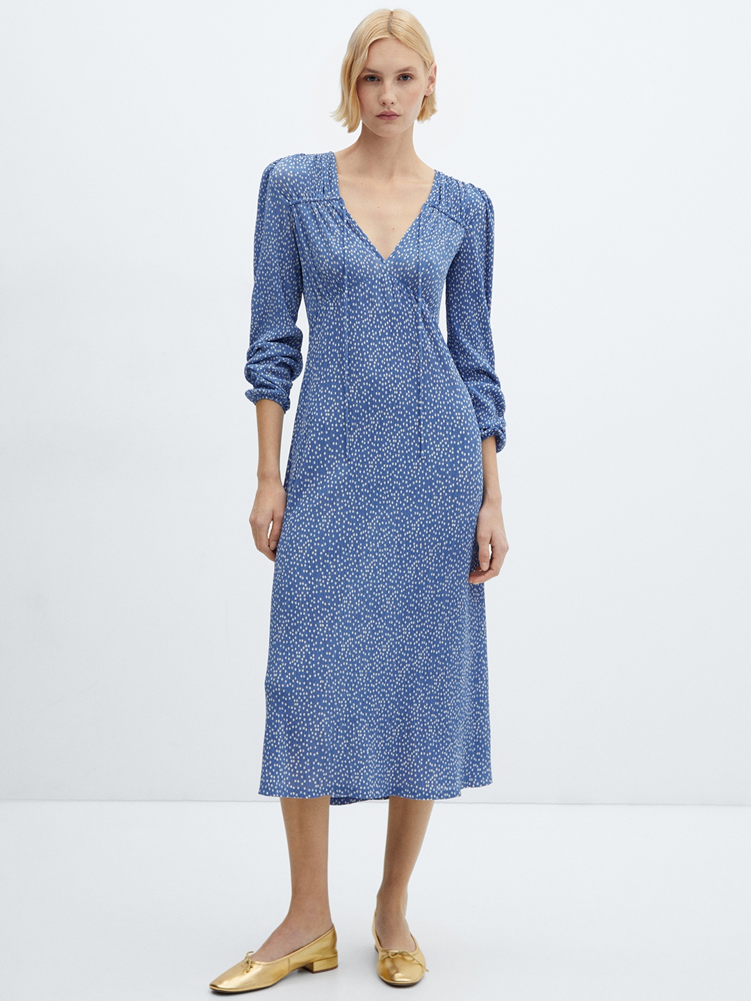 

MANGO Printed Puff Sleeve A-Line Midi Dress, Blue
