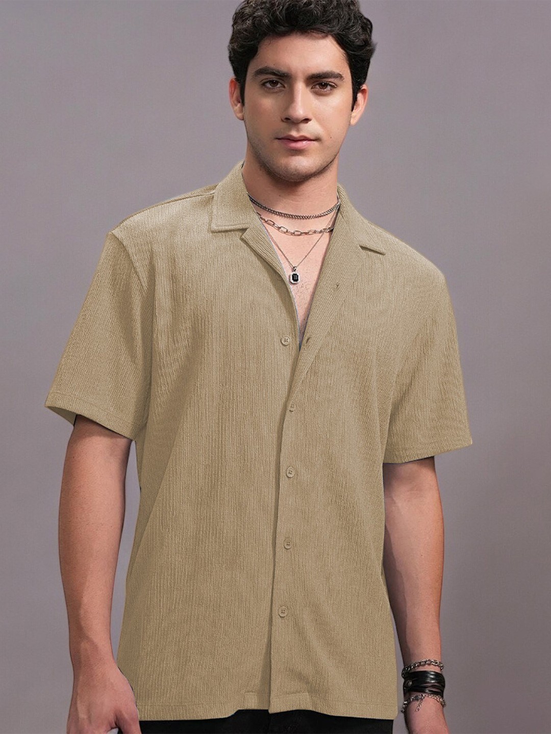 

CLAFOUTIS Spread Collar Relaxed Fit Shirt, Khaki