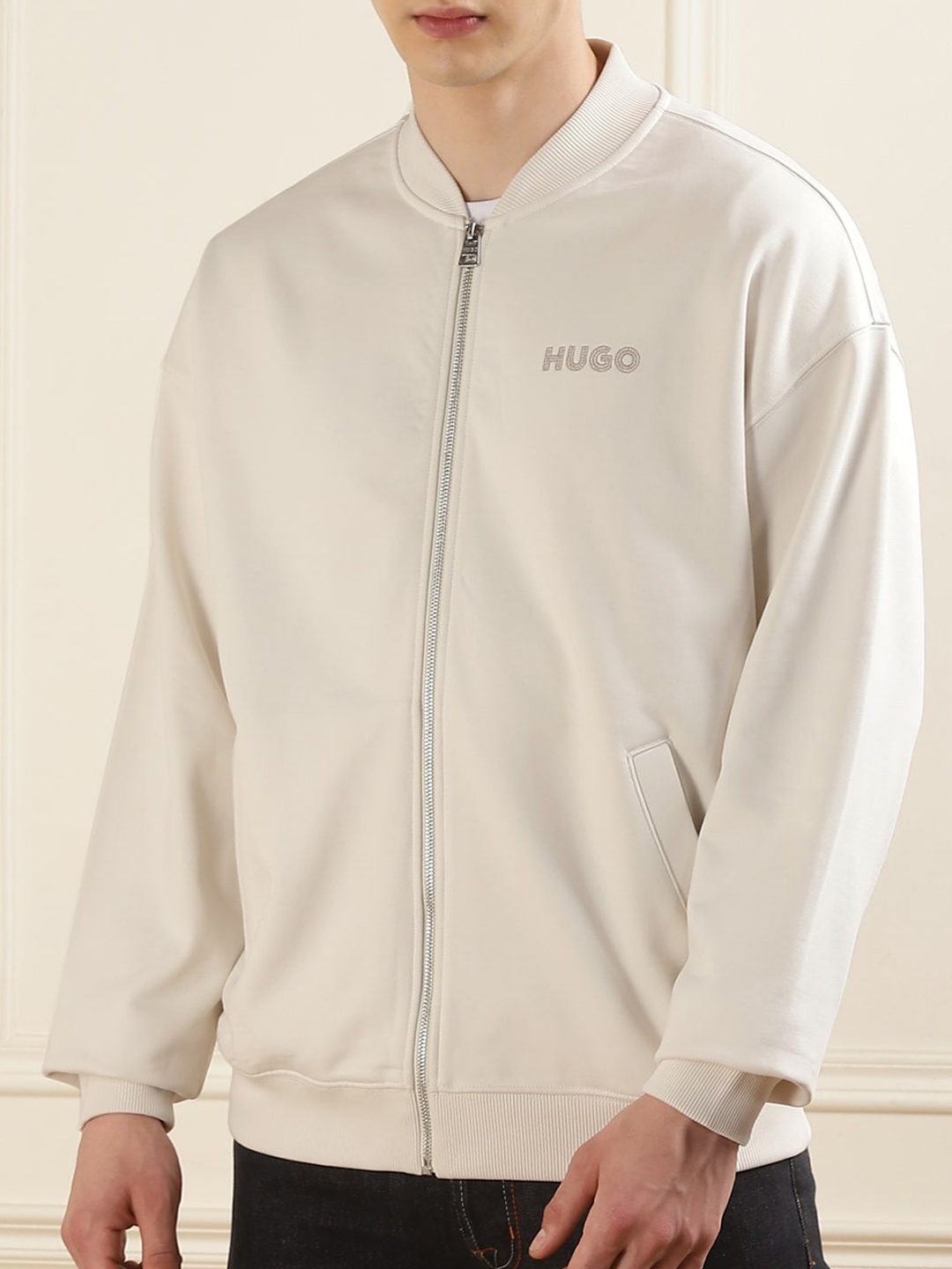 

HUGO Embroidered Logo Pure Cotton Bomber Jacket, White