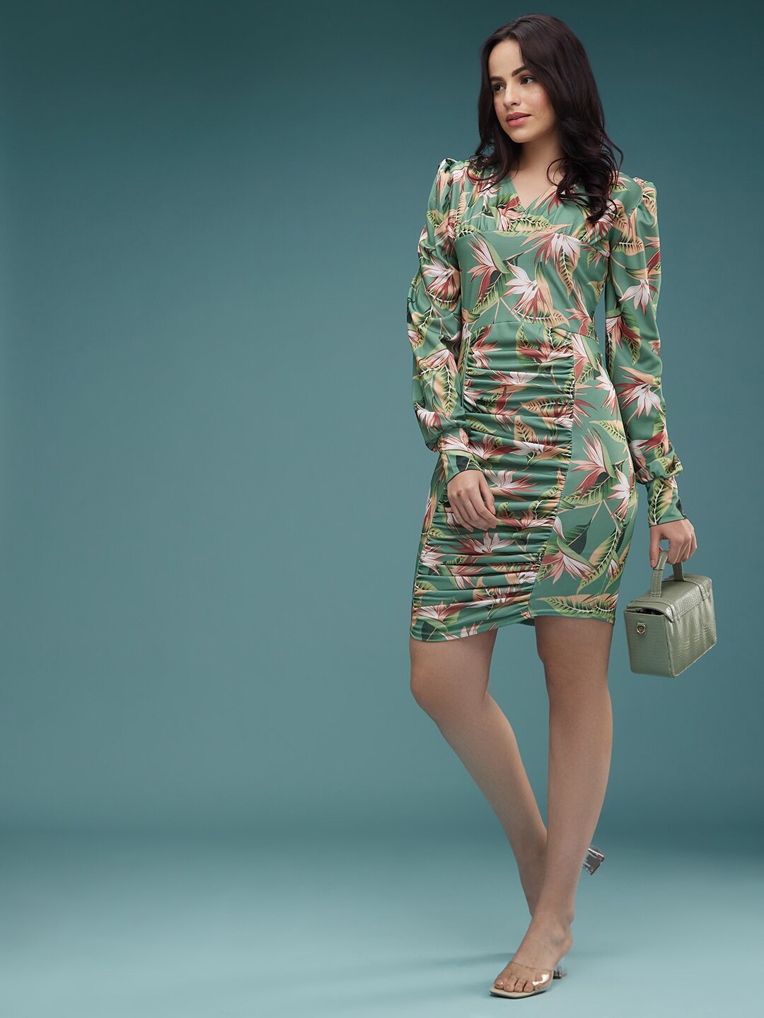 

DressBerry Abstract Printed Round Neck Long Sleeves Bodycon Dress, Green