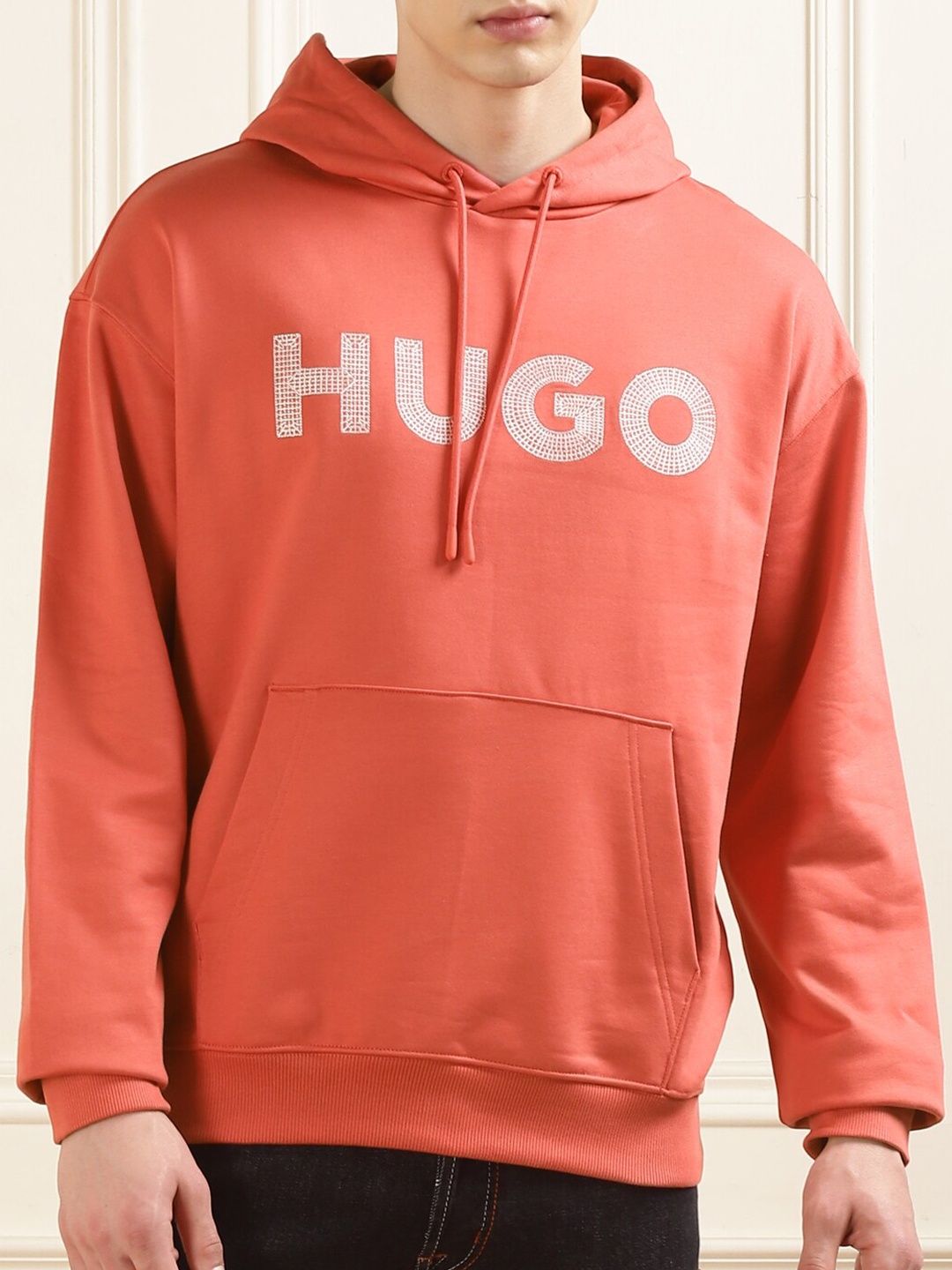 

HUGO Typography Printed Cotton Hooded Long Sleeves Pullover Sweatshirt, Red