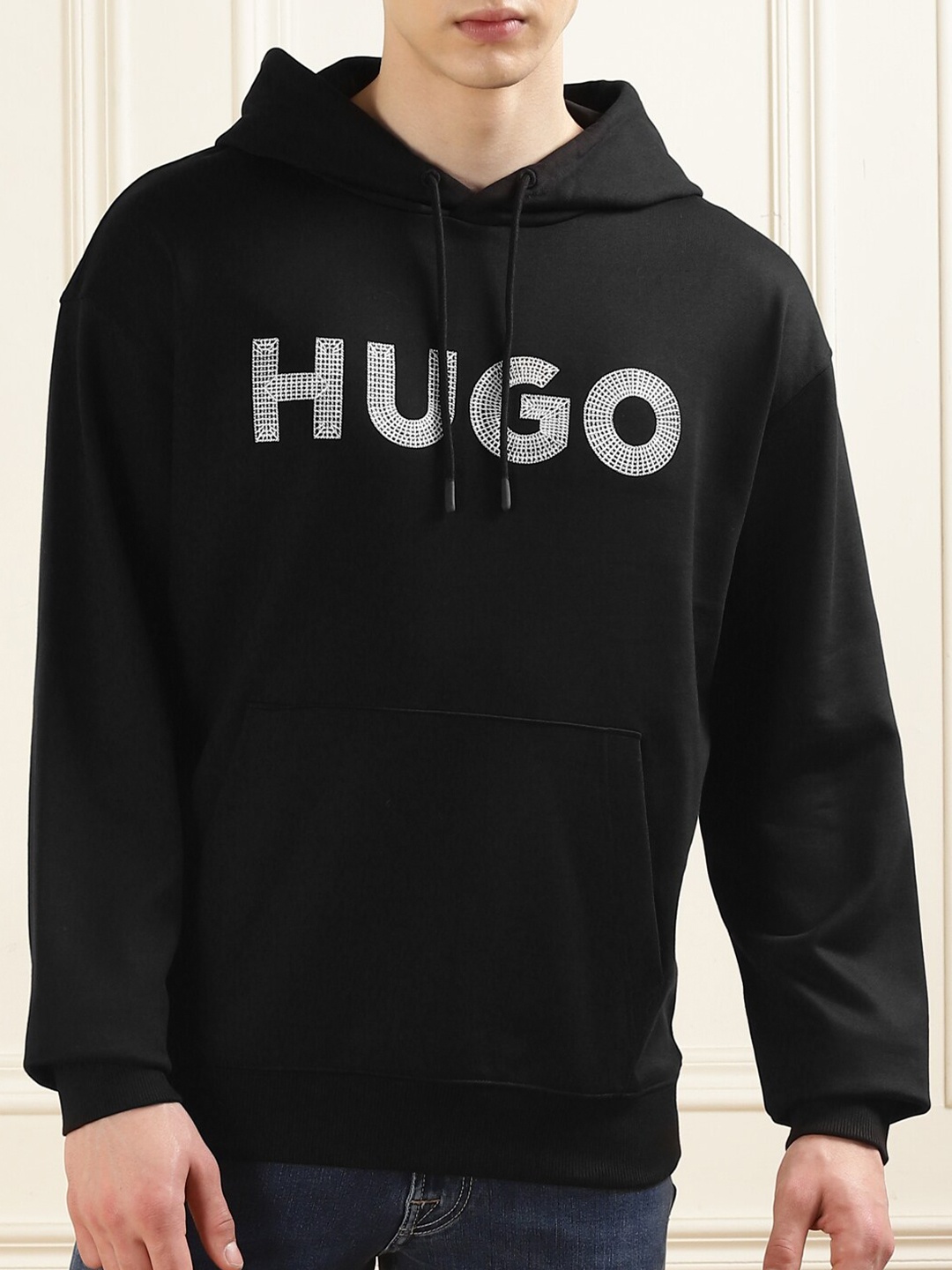 

HUGO Typography Printed Cotton Hooded Long Sleeves Pullover Sweatshirt, Black