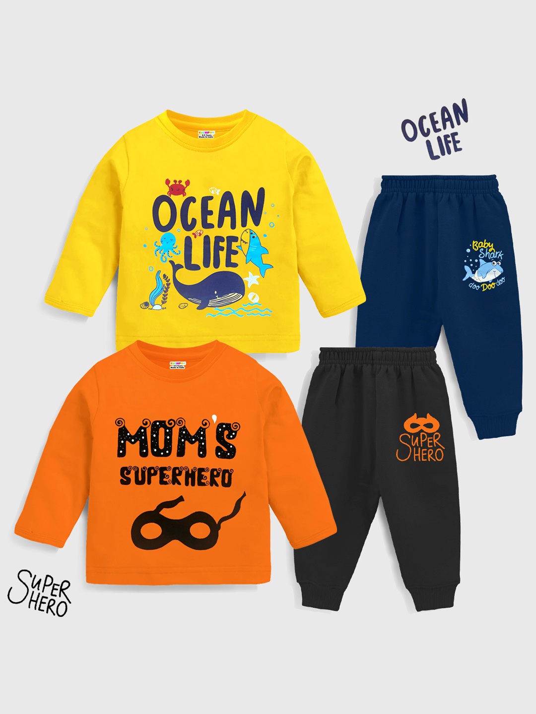 

KUCHIPOO Boys Pack Of 2 Graphic Printed T-shirt With Pyjamas, Orange