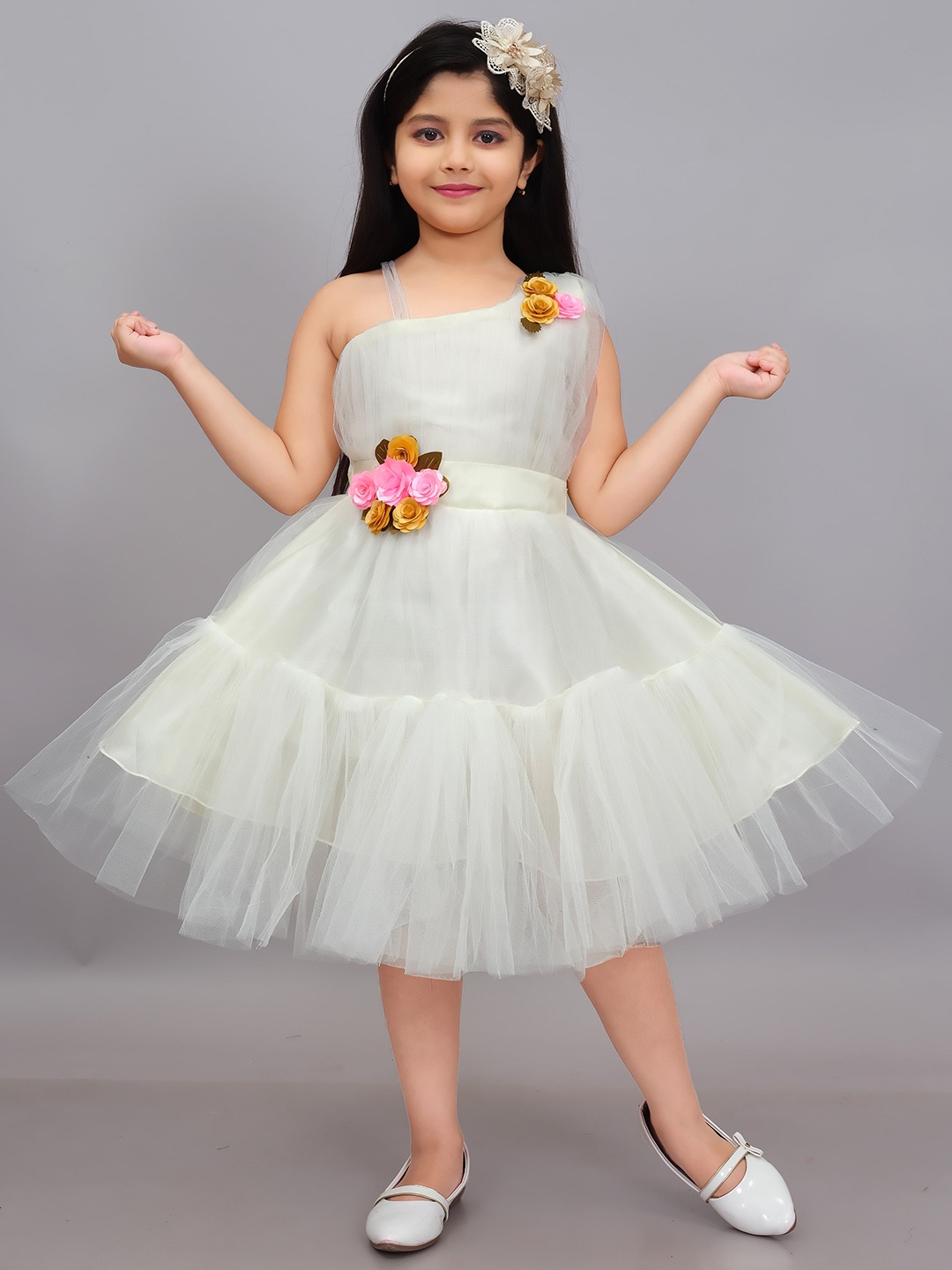 

BAESD Girls Net Fit & Flare One Shoulder Mini Dress, Cream