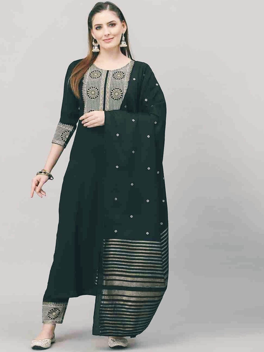 

AARYAHI Floral Yoke Design Regular Thread Work Straight Kurta with Trouser & Dupatta, Green