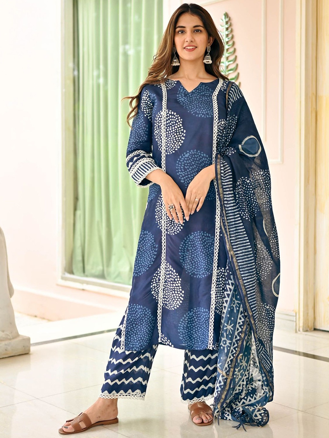 

AARYAHI Ethnic Motifs Printed Pure Cotton Notched Neck Kurta with Trouser & Dupatta, Blue