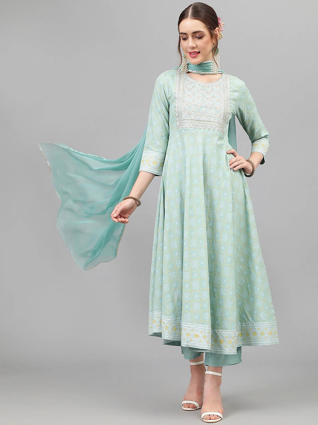 

AARYAHI Floral Printed Thread Work Anarkali Kurta With Trousers & Dupatta, Turquoise blue