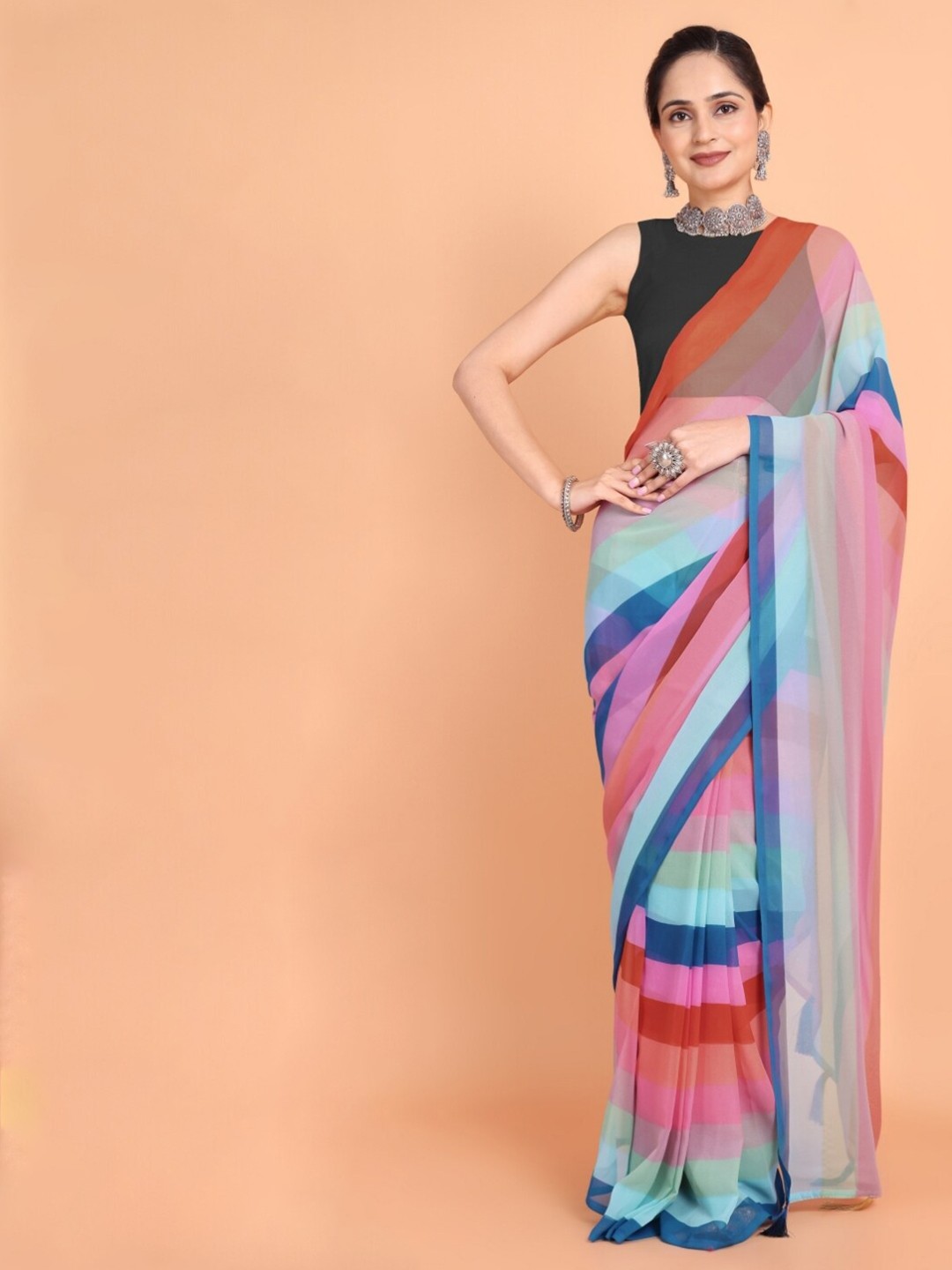 

MAGMINA Striped Ready to Wear Saree, Blue