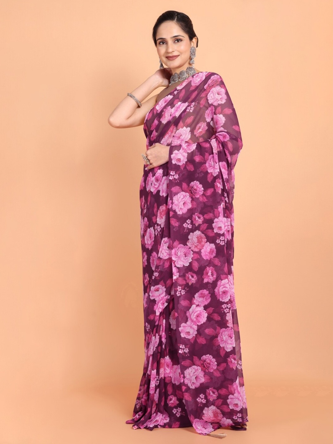 MAGMINA Floral Printed Ready to Wear Arani Saree, Purple
