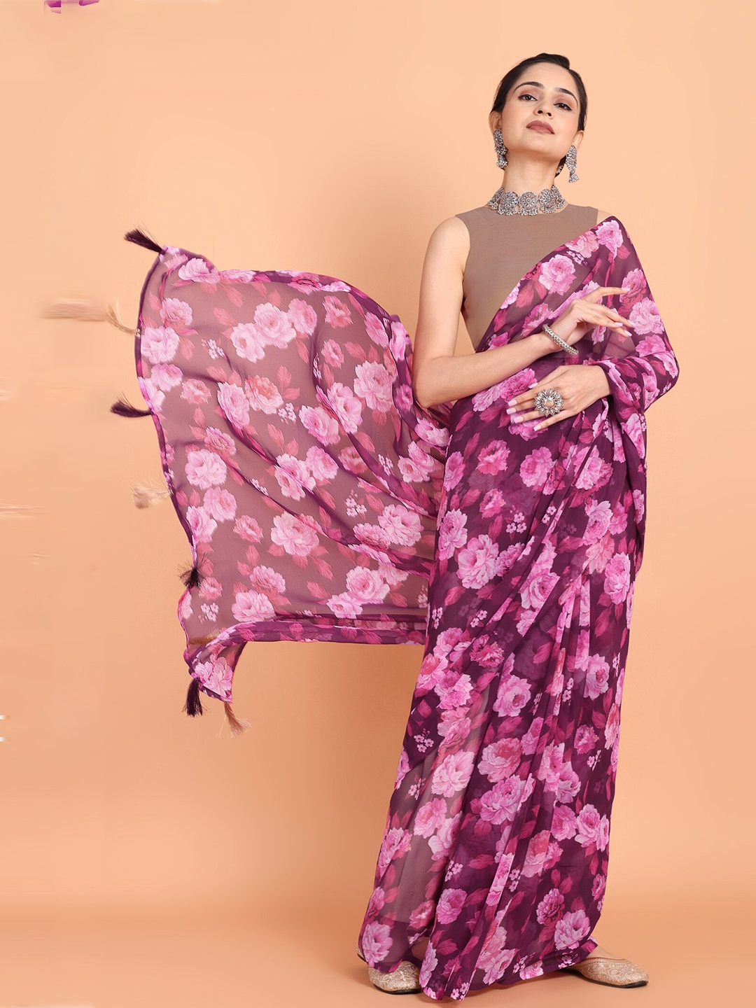 

KAZIA Floral Printed Ready to Wear Arani Saree, Purple