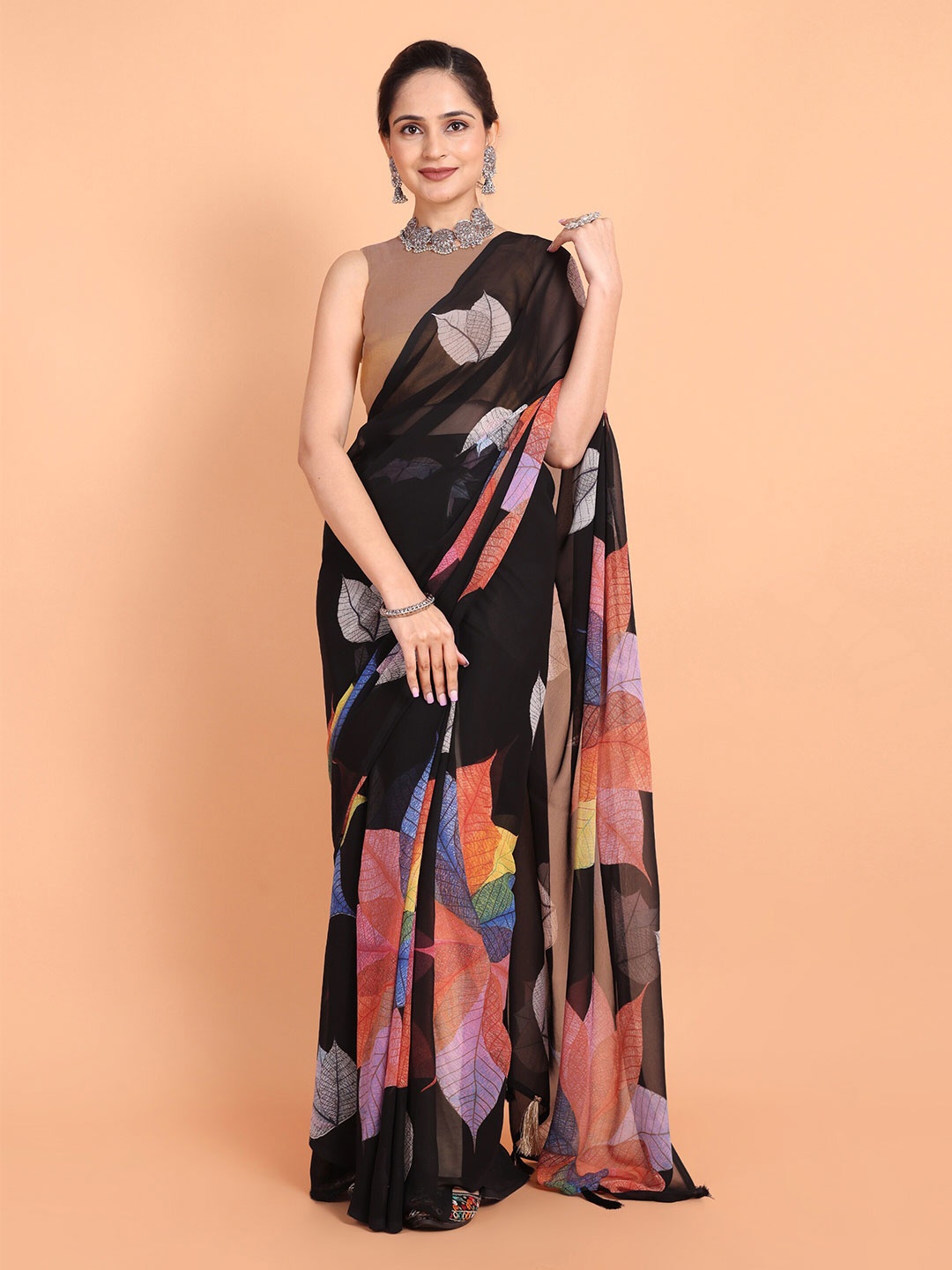 

KAZIA Floral Printed Ready to Wear Arani Saree, Black