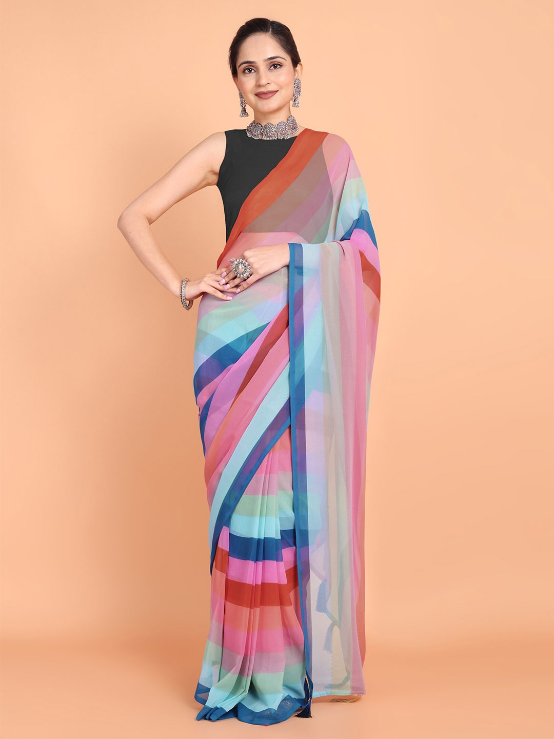 

KAZIA Striped Ready to Wear Saree, Blue