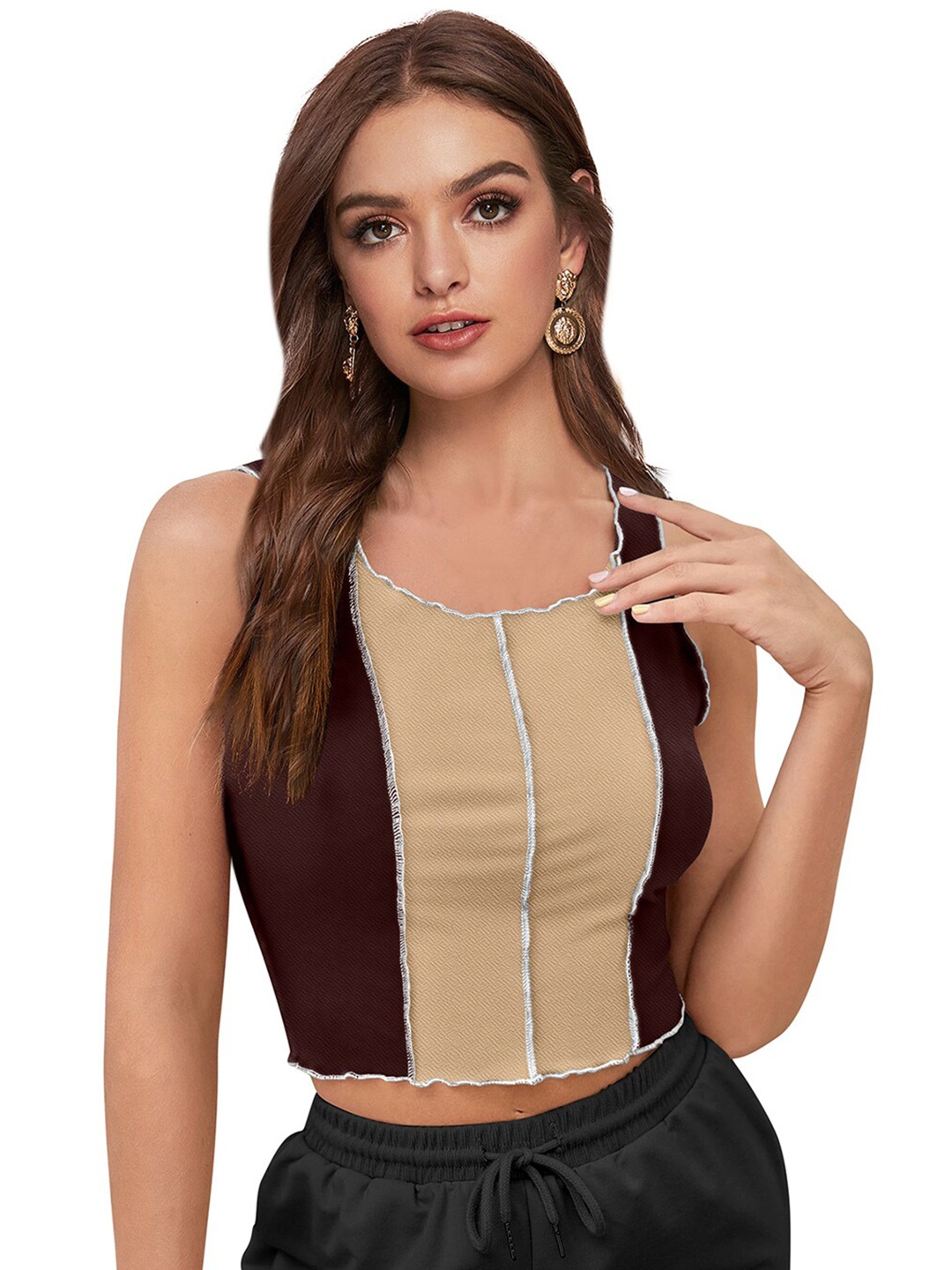

BAESD Colourblocked Round Neck Sleeveless Cotton Fitted Crop Top, Coffee brown