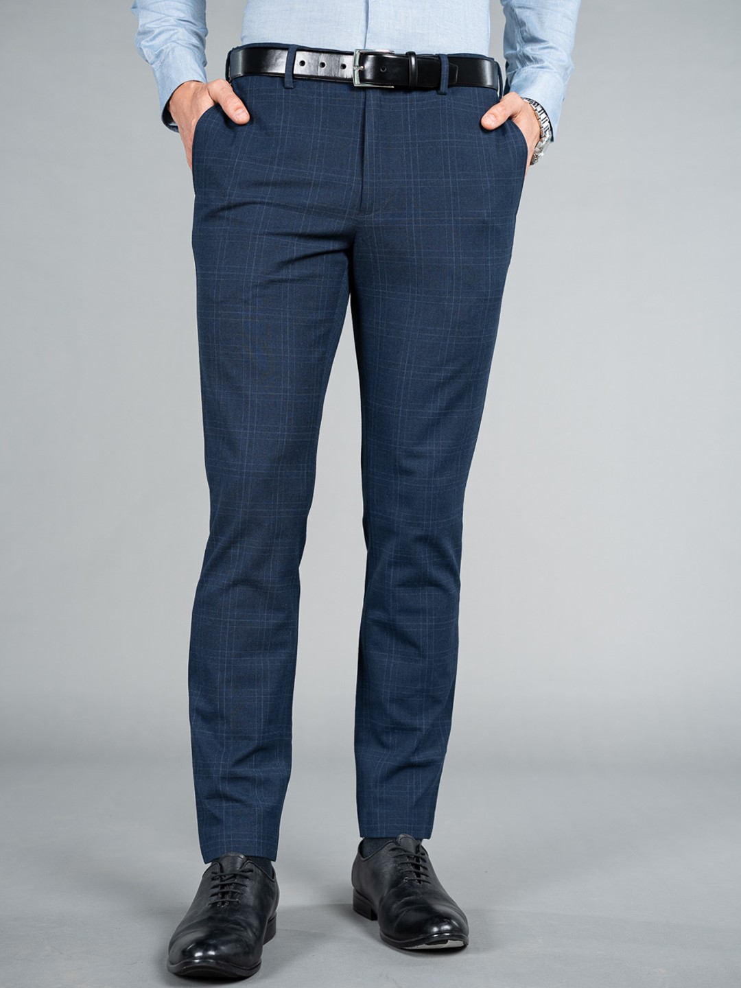 

The Pant Project Men Slim Fit Checked Soft-Stretch-Comfort Formal Trousers, Blue