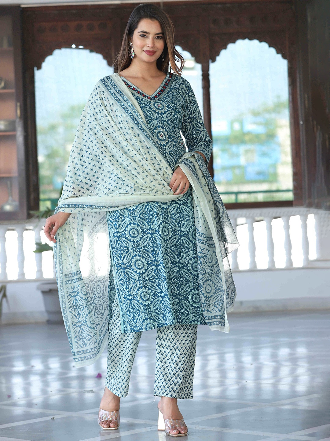 

SINGNI Ethnic Motifs Embroidered Pure Cotton Sequinned Kurta With Trousers & Dupatta, Blue
