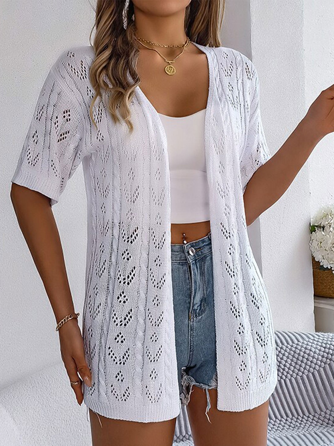 

StyleCast x Revolte Self Design Sheer Open Front Shrug, White
