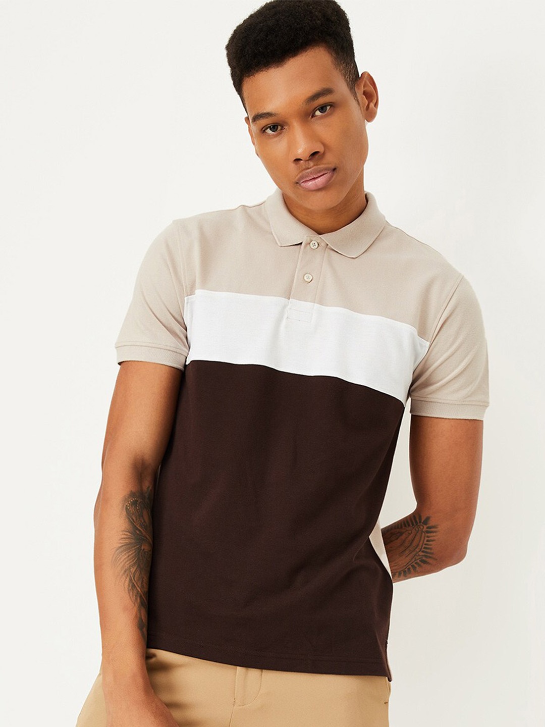 

max Colourblocked Polo Collar Short Sleeves Cotton T-shirt, Brown