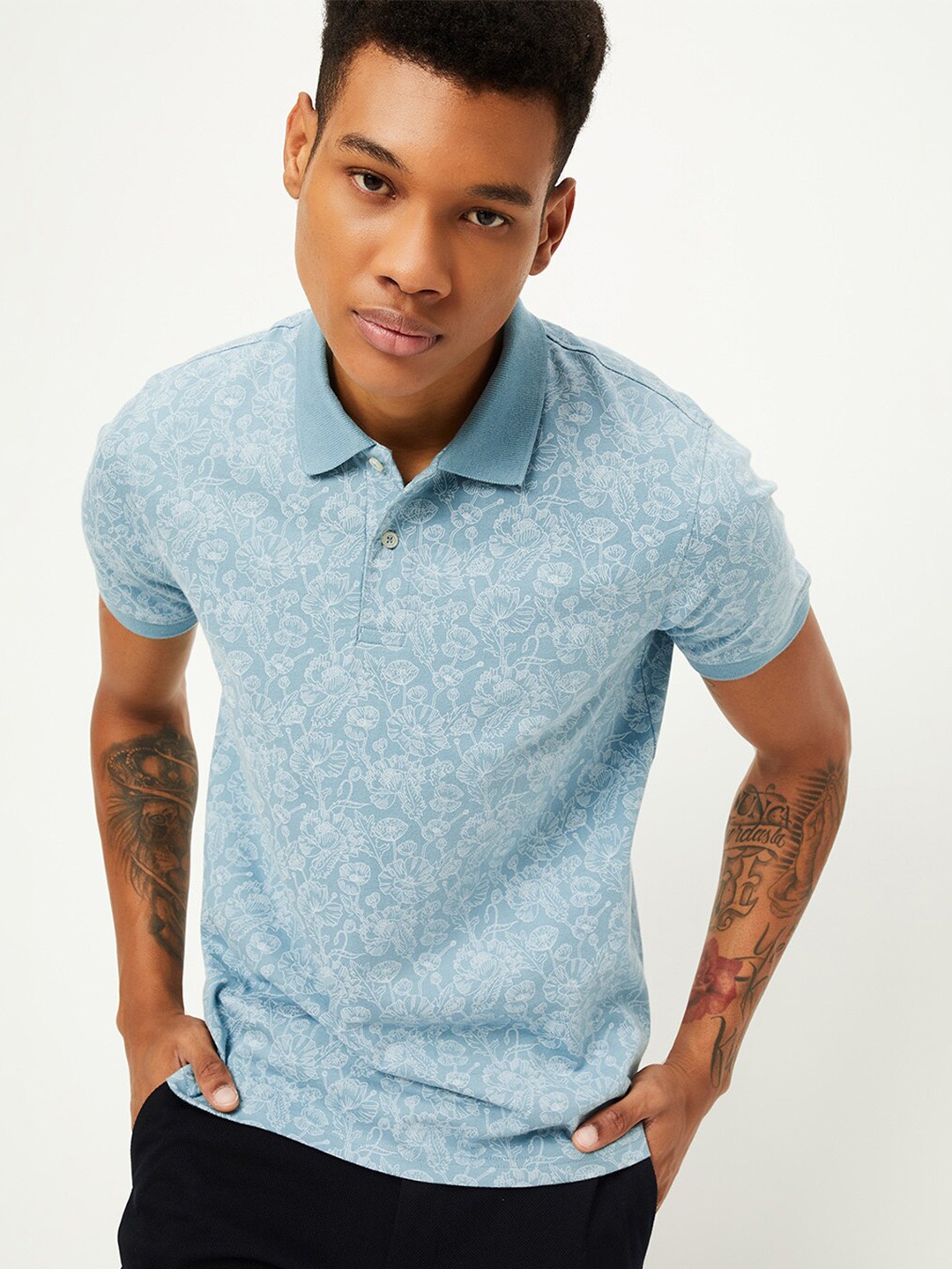 

max Floral Printed Polo Collar Slim Fit T-shirt, Blue
