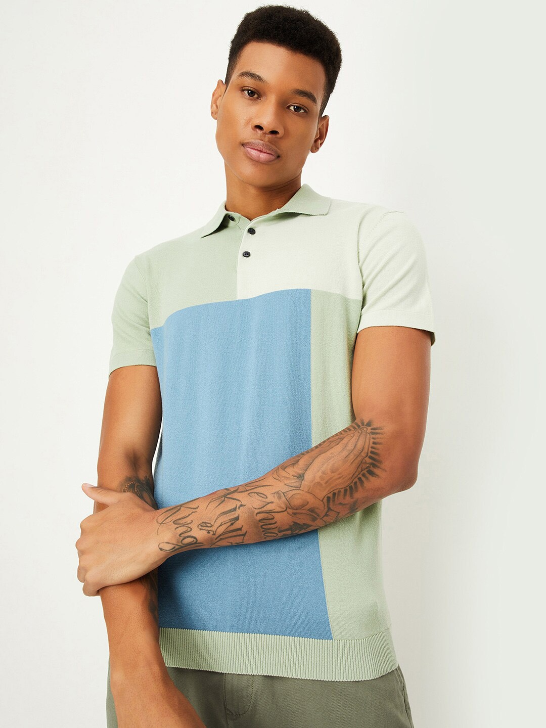 

max Colourblocked Polo Collar Short Sleeves Cotton T-shirt, Green