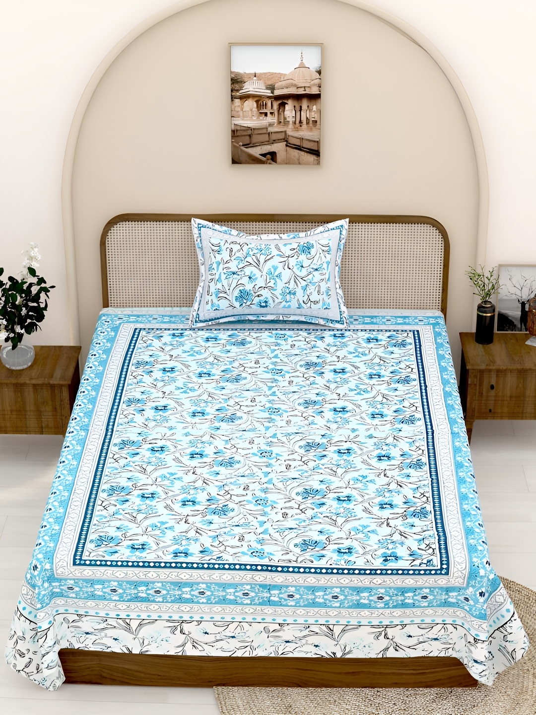 

Urban Jaipur White & Blue Floral Printed 210 TC Single Bedsheet with 1 Pillow Cover