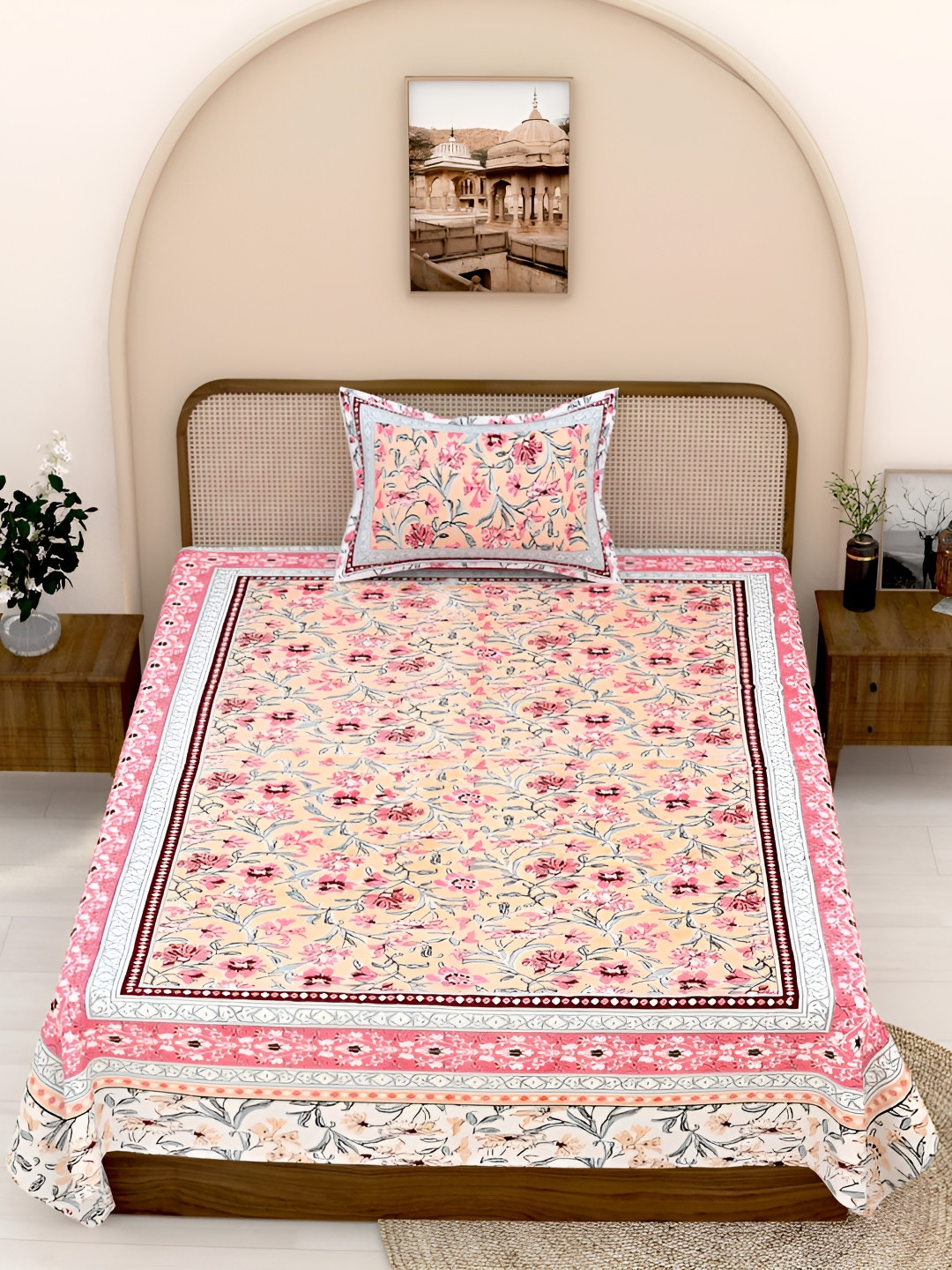 

Urban Jaipur Pink & Peach Floral Printed 210 TC Single Bedsheet with 1 Pillow Cover