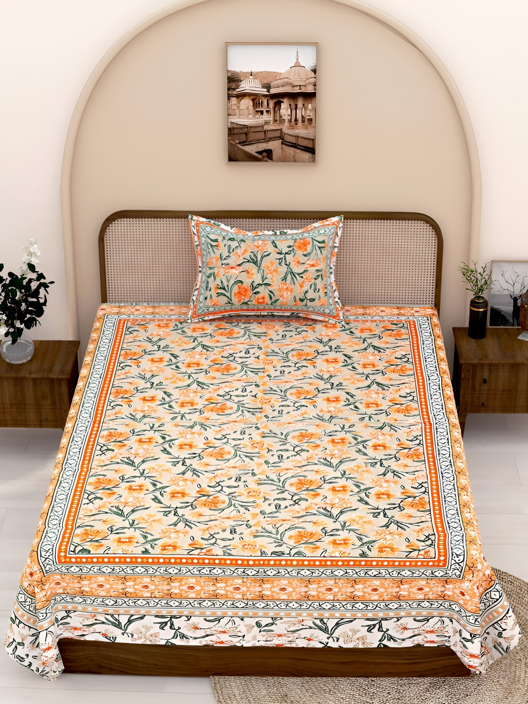 

Urban Jaipur Orange & Green Floral Printed 210 TC Single Bedsheet with 1 Pillow Cover