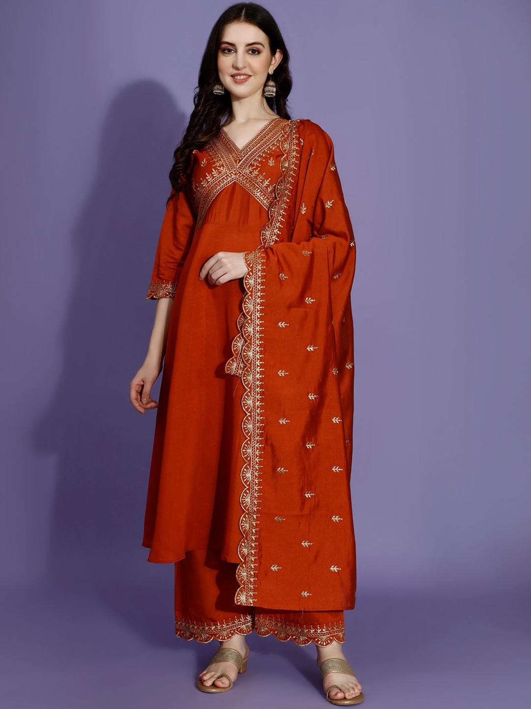 

KALINI Ethnic Motifs Embroidered V-Neck Empire A-Line Kurta with Palazzos & Dupatta, Rust