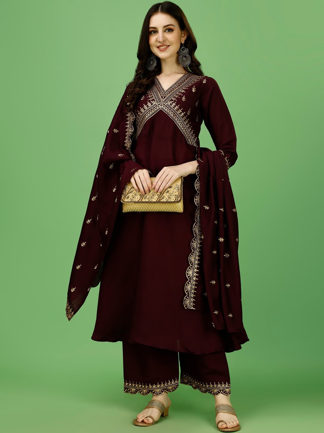 

KALINI Ethnic Motifs Embroidered V-Neck Empire A-Line Kurta with Palazzos & Dupatta, Purple